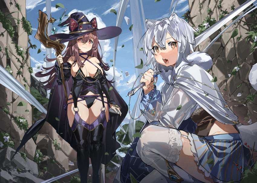 2girls absurdres animal_ears black_legwear black_panties blue_sky braid breasts brown_eyes brown_hair choker closed_mouth criss-cross_halter day detached_sleeves fangs flipped_hair from_side garter_straps hair_between_eyes halterneck hat highres huge_filesize ierotak large_breasts leaf leotard leotard_under_clothes light_smile long_hair multiple_girls o-ring open_mouth outdoors over_shoulder panties red:_pride_of_eden revealing_clothes short_hair side_braid sidelocks silver_hair skirt sky squatting staff standing sword sword_over_shoulder tail thigh-highs underwear weapon weapon_over_shoulder white_legwear witch_hat