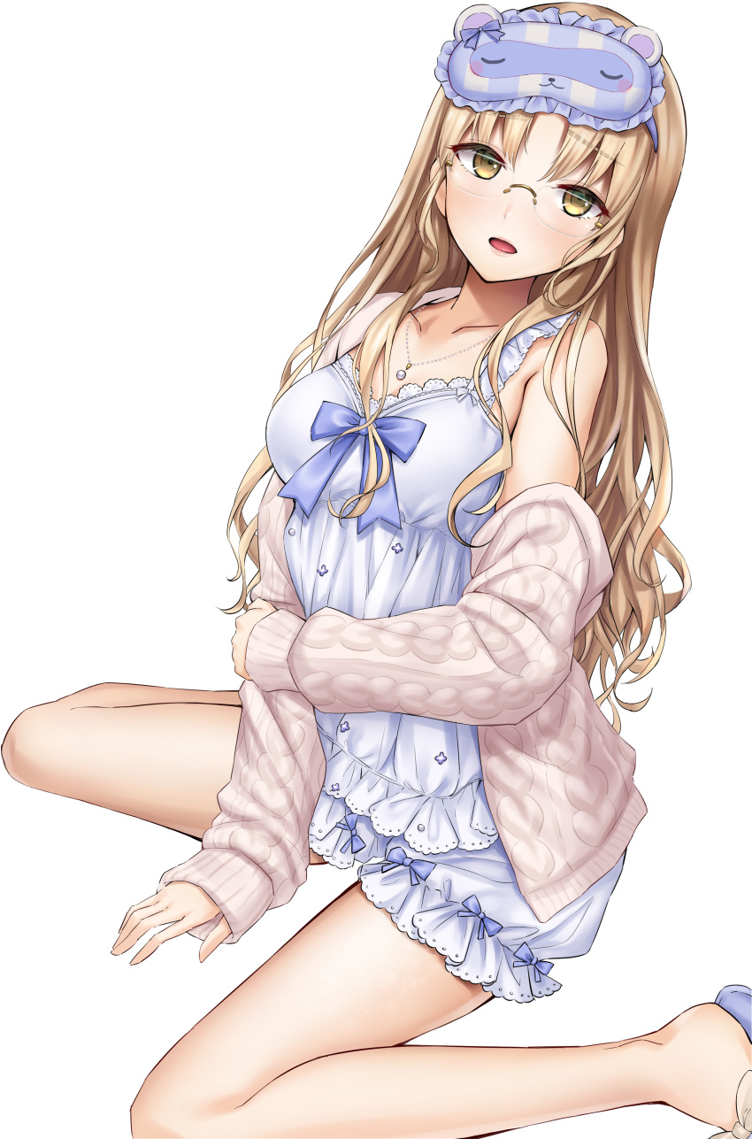 1girl :d absurdres arm_support bangs bare_legs blindfold blush breasts camisole collarbone glasses highres jacket jewelry lavender_footwear light_brown_hair long_hair looking_at_viewer medium_breasts necklace nijisanji open_mouth parted_bangs pink_jacket ribbed_jacket shorts simple_background sister_cleaire sitting sleepwear slippers smile solo tonelico1213 virtual_youtuber wariza white_background yellow_eyes