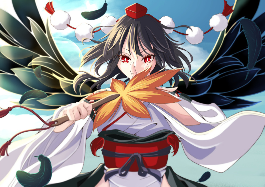 1girl amanoyayuki bird_wings black_hair black_wings clouds day detached_sleeves fan feathers hat highres holding holding_fan japanese_clothes kourindou_tengu_costume leaf_fan looking_at_viewer official_alternate_costume open_hand pom_pom_(clothes) red_eyes shameimaru_aya short_hair sky solo tokin_hat touhou wide_sleeves wind wings
