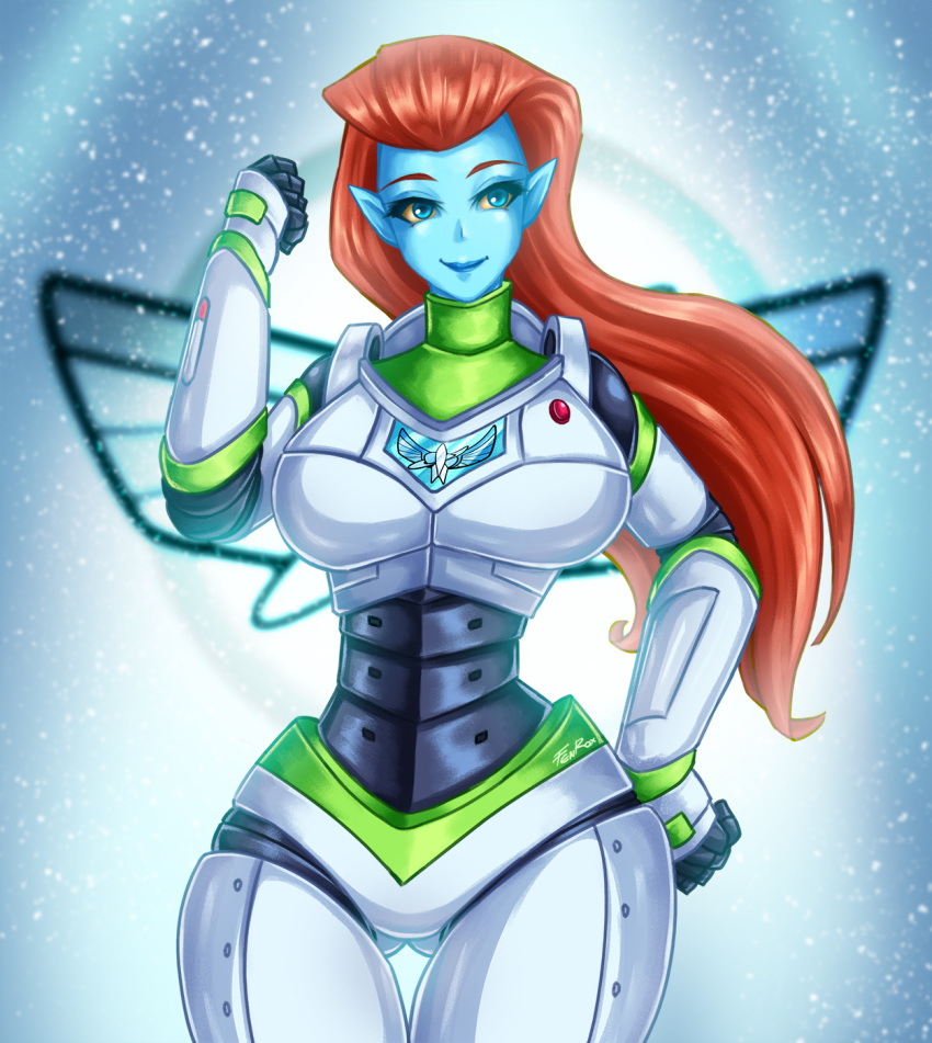 1girl artist_name ass_visible_through_thighs bad_anatomy blue_eyes blue_lips blue_skin breasts buzz_lightyear_of_star_command clenched_hand colored_skin fenrox hand_on_hip highres long_hand medium_breasts mira_nova pointy_ears redhead simple_background solo spacesuit standing thigh_gap