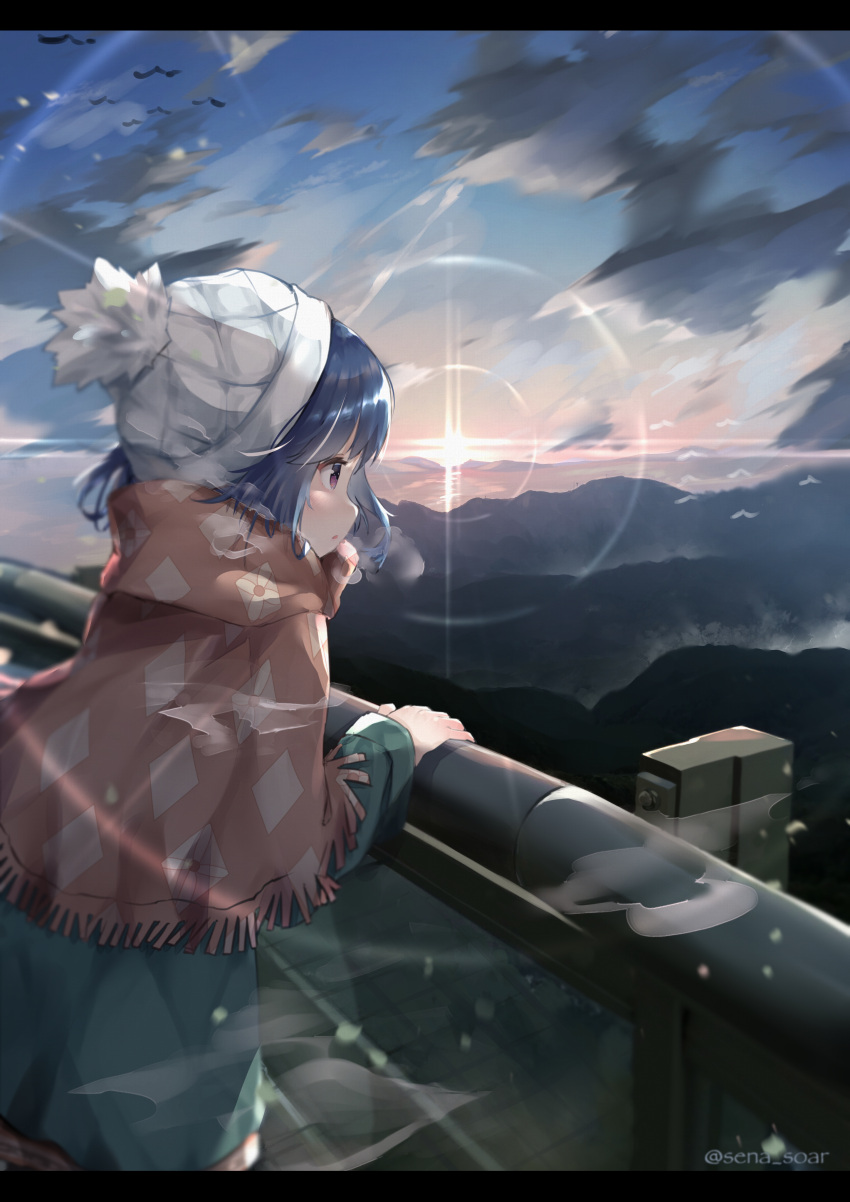 1girl absurdres argyle argyle_scarf beanie bird black_border blue_hair blurry blurry_background blush border breath clouds cloudy_sky depth_of_field diamond_(shape) facing_away floating_hair frilled_shawl frills green_sweater hair_between_eyes hand_on_railing hat highres landscape long_sleeves looking_afar mountain mountainous_horizon nature open_mouth outdoors railing reflection scarf scenery sena_(sena_soar) shawl shima_rin short_hair sky sleeves_past_wrists solo sunset sweater tile_floor tiles twitter_username violet_eyes wind yurucamp