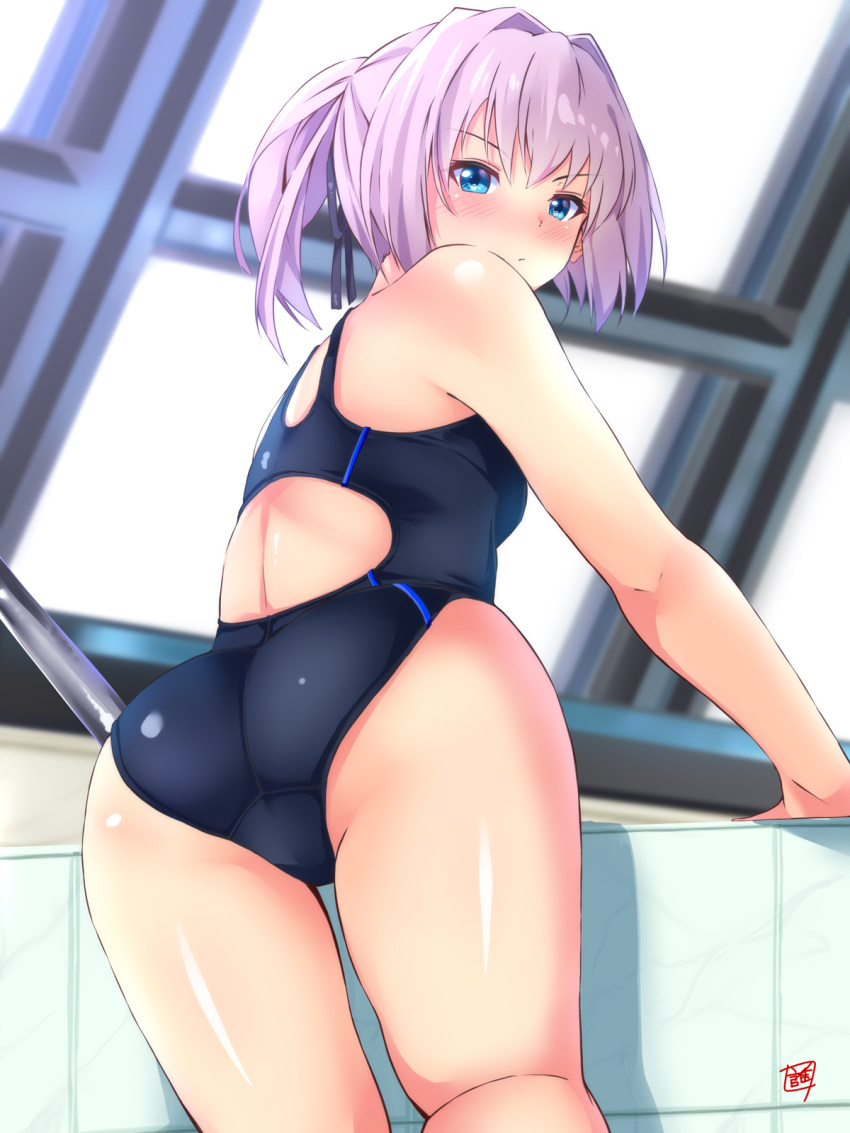 1girl ass black_ribbon black_swimsuit blue_eyes commentary_request competition_swimsuit cowboy_shot from_behind hair_ribbon highres indoors kantai_collection looking_at_viewer looking_back one-piece_swimsuit pink_hair ponytail pool_ladder rei_no_pool ribbon sebunsu shiranui_(kancolle) short_hair solo swimsuit