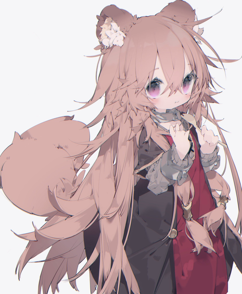 1girl :i animal_collar animal_ear_fluff animal_ears bangs blush brown_hair closed_mouth collar cuffs dress eyebrows_visible_through_hair flower grey_background hair_between_eyes hair_ornament highres long_hair long_sleeves looking_at_viewer nanmokaken raccoon_ears raccoon_girl raccoon_tail raphtalia shackles short_over_long_sleeves short_sleeves solo tail tate_no_yuusha_no_nariagari very_long_hair violet_eyes