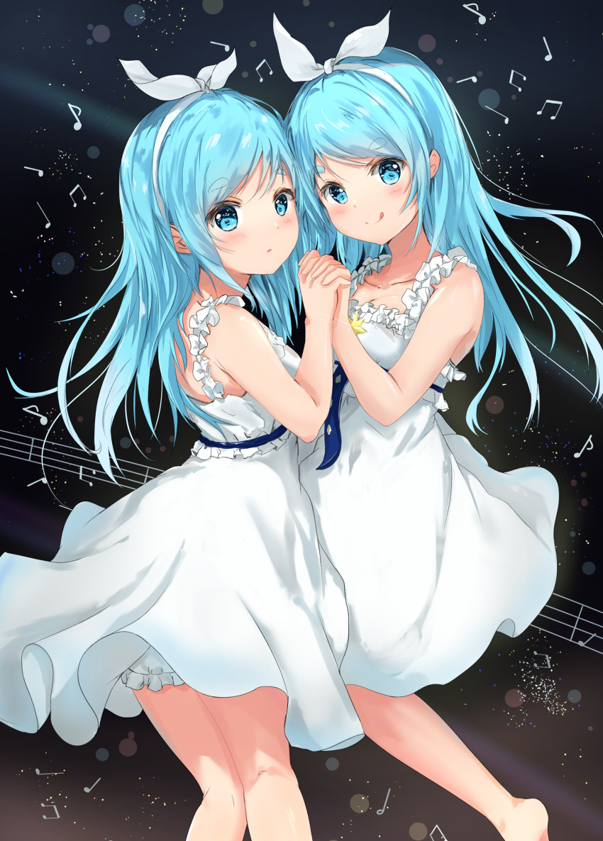 2girls :q absurdres aqua_eyes aqua_hair bangs bare_shoulders blush bow_hairband closed_mouth dress eyebrows_visible_through_hair hair_ribbon hairband highres holding_hands interlocked_fingers long_hair looking_at_viewer multiple_girls musical_note na_kyo near_(sound_voltex) noah_(sound_voltex) ribbon siblings sisters smile sound_voltex staff_(music) thick_eyebrows tongue tongue_out twins white_dress white_hairband white_ribbon