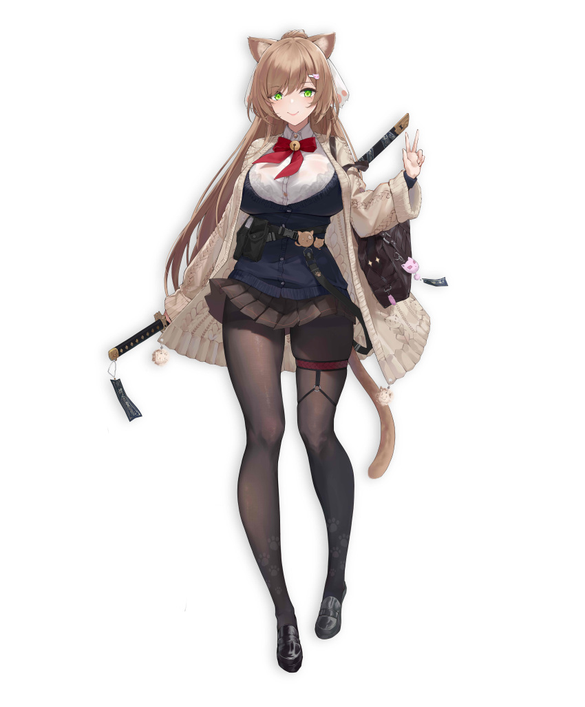1girl absurdres animal_ears bra bra_peek breasts brown_legwear cardigan cat_ears cat_tail closed_mouth full_body green_eyes hair_ornament hairclip highres katana large_breasts light_brown_hair loafers long_hair long_sleeves miniskirt ng_jie original pantyhose pleated_skirt ponytail school_uniform see-through shoes simple_background skirt smile solo standing sword tail thigh_strap thighband_pantyhose underwear w weapon white_background