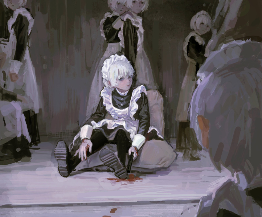 6+others ambiguous_gender black_footwear blood blood_trail bloody_hands closed_mouth frills grey_hair gun highres holding holding_gun holding_weapon looking_at_another looking_at_viewer maid maid_headdress multiple_others original qunqing123 short_hair sitting solo_focus standing violet_eyes weapon white_hair