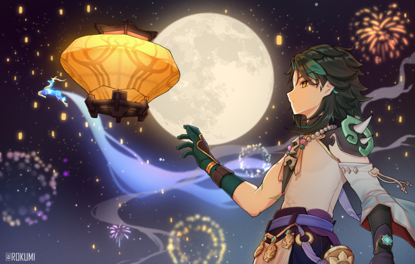 1boy arm_guards arm_tattoo armor asymmetrical_clothes bangs bead_necklace beads black_gloves black_hair closed_mouth deer detached_sleeves eyebrows_visible_through_hair facial_mark forehead_mark from_side genshin_impact gloves green_gloves green_hair jewelry lantern lixiao_lang male_focus moon multicolored_hair necklace night night_sky outdoors parted_bangs pendant short_hair short_hair_with_long_locks shoulder_armor shoulder_pads shoulder_spikes sidelocks single_detached_sleeve sky skybracer solo spikes star_(sky) starry_sky tassel tattoo two-tone_hair vision_(genshin_impact) wide_sleeves xiao_(genshin_impact) yellow_eyes