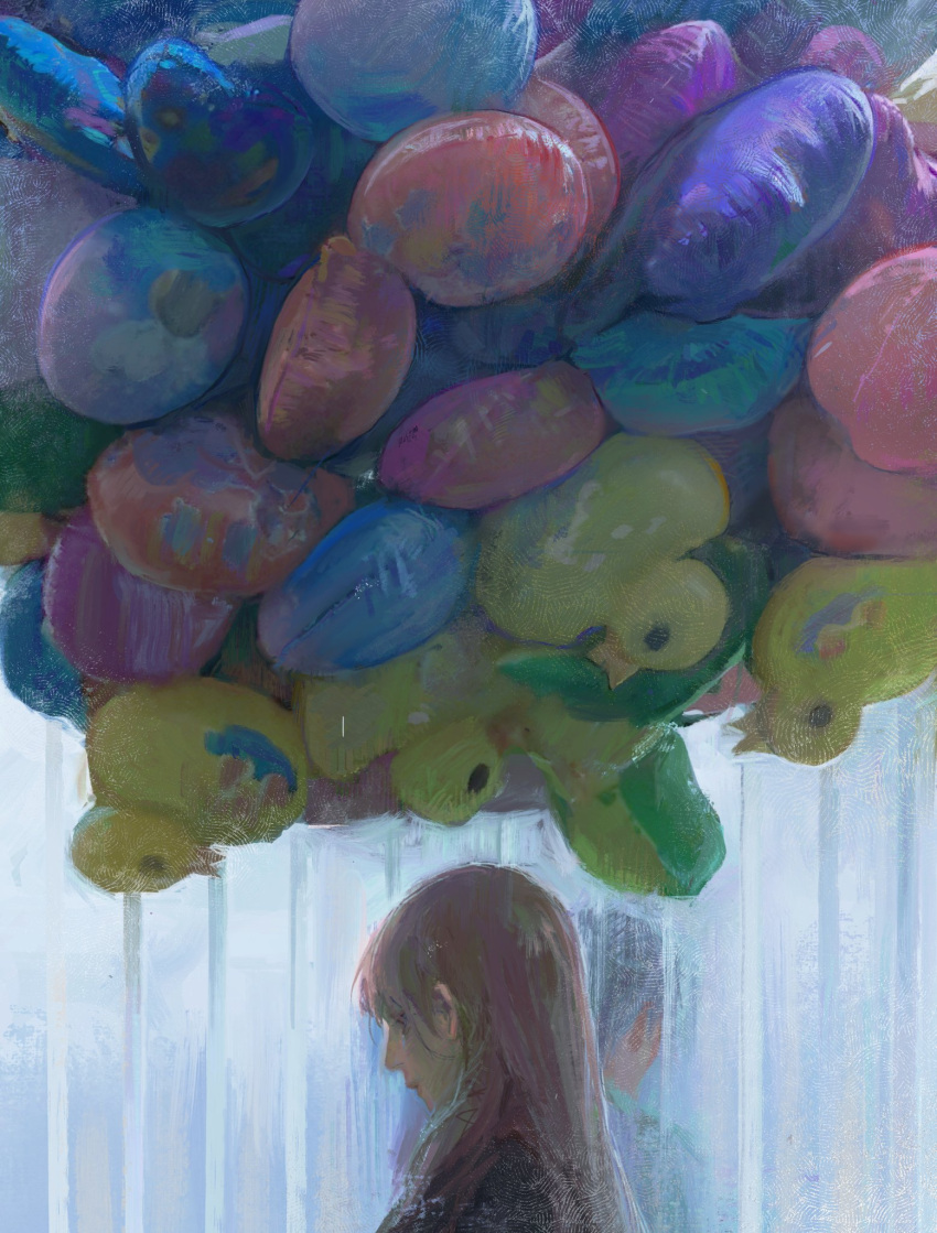 1boy 1girl balloon black_hair closed_mouth glass half-closed_eyes highres long_hair looking_down original painterly parted_lips pink_hair qunqing123 upper_body