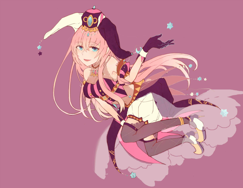 1girl bare_shoulders black_gloves blue_eyes crop_top floating gloves hand_up hat high_heels highres jester_cap long_hair looking_at_viewer megurine_luka mochityoko navel open_mouth pink_hair puffy_short_sleeves puffy_shorts puffy_sleeves purple_background shirt short_sleeves shorts smile solo star_(symbol) striped striped_shirt thigh-highs very_long_hair vocaloid