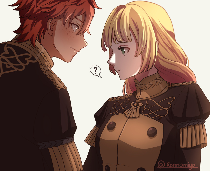 1boy 1girl ? absurdres artist_name bangs black_jacket blonde_hair commentary english_commentary fire_emblem fire_emblem:_three_houses garreg_mach_monastery_uniform green_eyes grey_background highres ingrid_brandl_galatea jacket long_hair looking_at_another redhead rennomiya short_hair simple_background spoken_question_mark sylvain_jose_gautier twitter_username