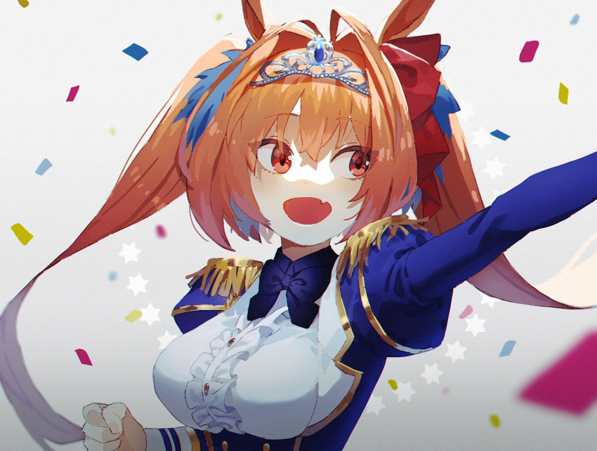 1girl animal_ears bangs blue_jacket breasts brown_hair buttons center_frills clenched_hand confetti daiwa_scarlet_(umamusume) epaulettes fang frills gradient gradient_background grey_background hair_intakes hexagram horse_ears jacket large_breasts long_hair looking_to_the_side oda_ya_ka open_mouth outstretched_arm red_eyes shirt skin_fang solo tiara twintails umamusume upper_body white_shirt