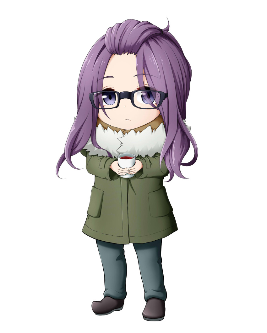 1girl bangs black-framed_eyewear black_footwear blue_pants brown_scarf chibi cup drinking_glass eyebrows_visible_through_hair full_body fur-trimmed_jacket fur_trim glasses green_jacket highres holding holding_cup jacket kagamihara_sakura kuena long_hair long_sleeves looking_at_viewer pants parted_bangs purple_hair scarf shoes simple_background solo standing violet_eyes white_background yurucamp