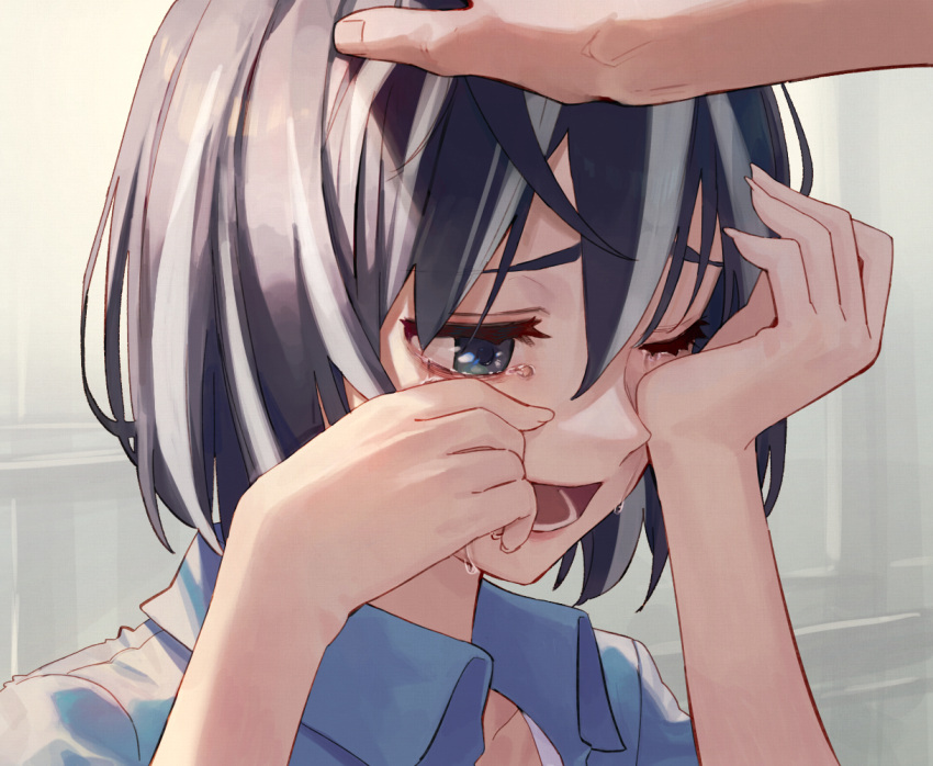 1boy 1girl 7aehyun black_hair blush breasts crying eyebrows_visible_through_hair hanekawa_tsubasa monogatari_(series) multicolored_hair open_mouth school_uniform short_hair solo_focus two-tone_hair white_hair