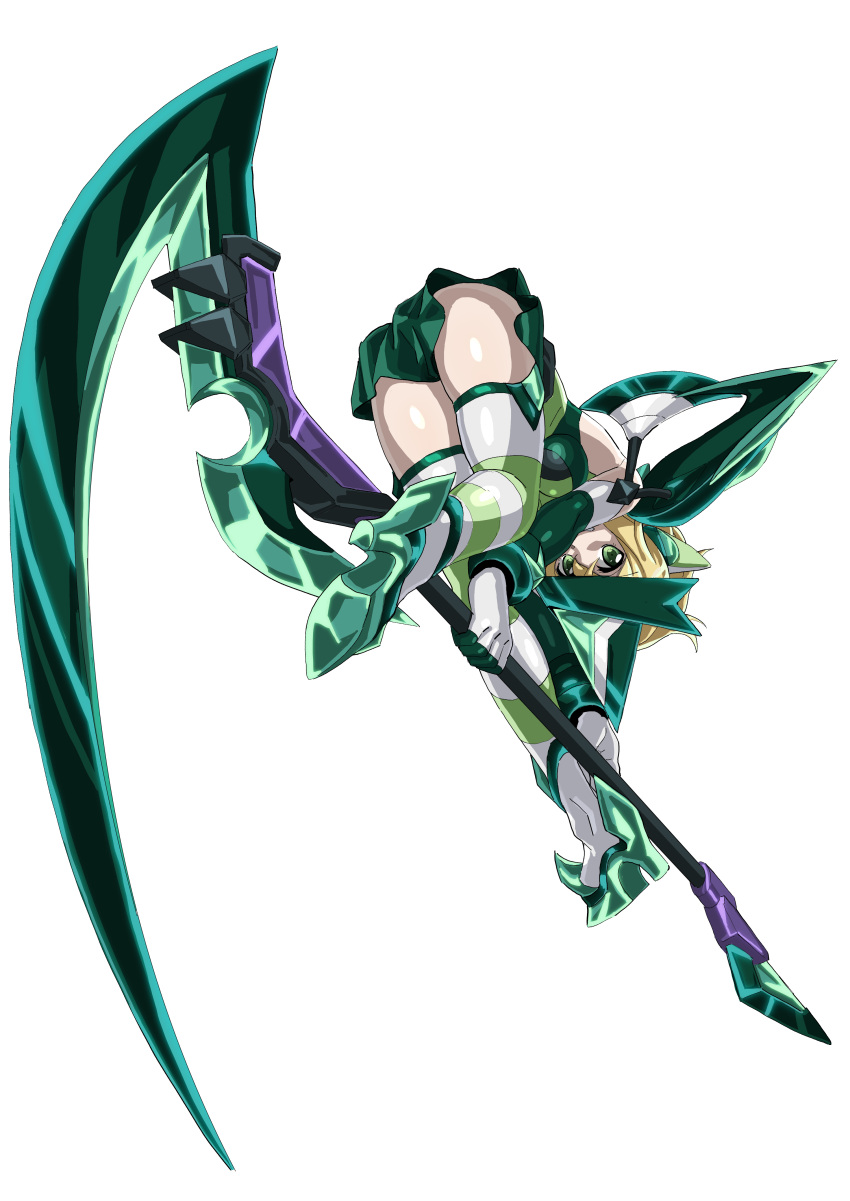 1girl absurdres akatsuki_kirika ass blonde_hair blush breasts elbow_gloves full_body gloves green_eyes headgear high_heels highres inai_uchi medium_breasts scythe senki_zesshou_symphogear shiny shiny_hair short_hair simple_background solo striped striped_legwear thigh-highs weapon white_background