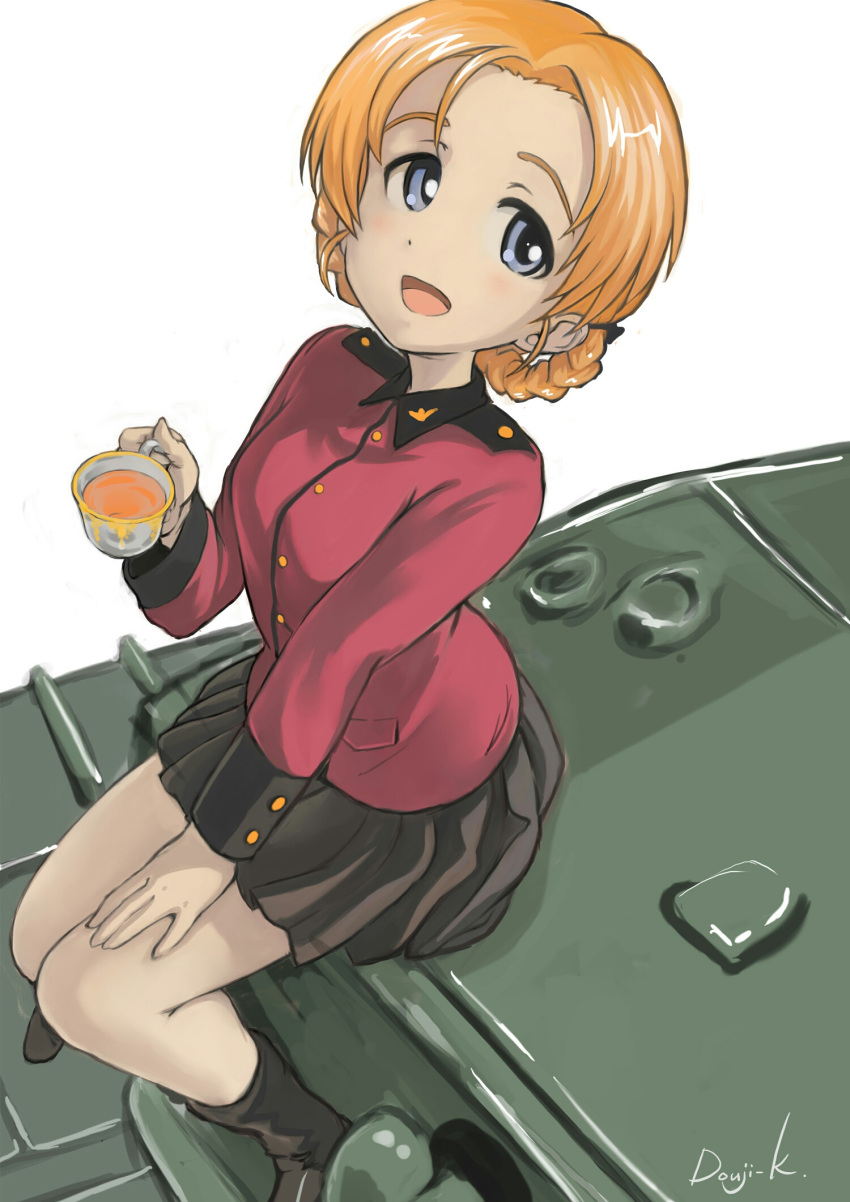 1girl artist_name bangs black_ribbon blue_eyes braid churchill_(tank) commentary cup girls_und_panzer ground_vehicle hair_ribbon hand_on_own_thigh highres holding holding_cup kuroneko_douji looking_at_viewer military military_vehicle motor_vehicle on_vehicle open_mouth orange_hair orange_pekoe_(girls_und_panzer) parted_bangs ribbon short_hair sitting smile solo st._gloriana's_military_uniform tank tea teacup tied_hair twin_braids white_background