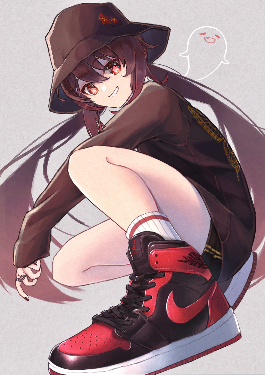 1girl absurdres black_headwear black_shorts brown_hair casual fashion genshin_impact ghost gwxx3435 high_tops highres hu_tao_(genshin_impact) jewelry long_sleeves looking_at_viewer nail_polish nike red_eyes ring shoes shorts smile sneakers socks thighs twintails