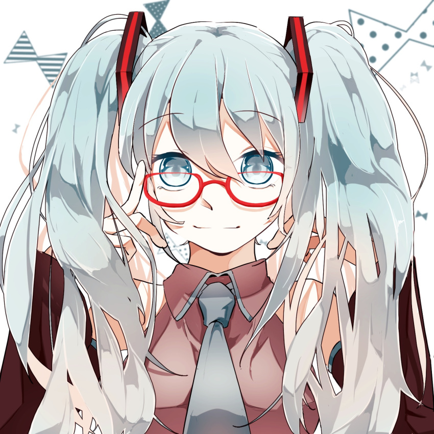 1girl bangs bare_shoulders bespectacled blue_eyes blue_hair blue_neckwear breasts closed_mouth collared_shirt cropped_torso detached_sleeves dress_shirt eyebrows_visible_through_hair finger_to_eyewear glasses gradient_hair grey_shirt hair_between_eyes hatsune_miku highres light_blue_eyes light_blue_hair long_hair looking_at_viewer medium_breasts multicolored_hair necktie red-framed_eyewear shirt simple_background sleeveless sleeveless_shirt smile solo twintails ukikuchannme vocaloid white_background