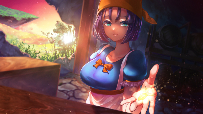 1girl apron bar blue_eyes blue_hair breasts closed_mouth dragon_quest dragon_quest_ix food frilled_sleeves frills fruit glowing head_scarf kainownill keg_(container) large_breasts light_particles outstretched_hand puffy_sleeves ribbon rikka_(dq9) short_hair sky smile solo sunset