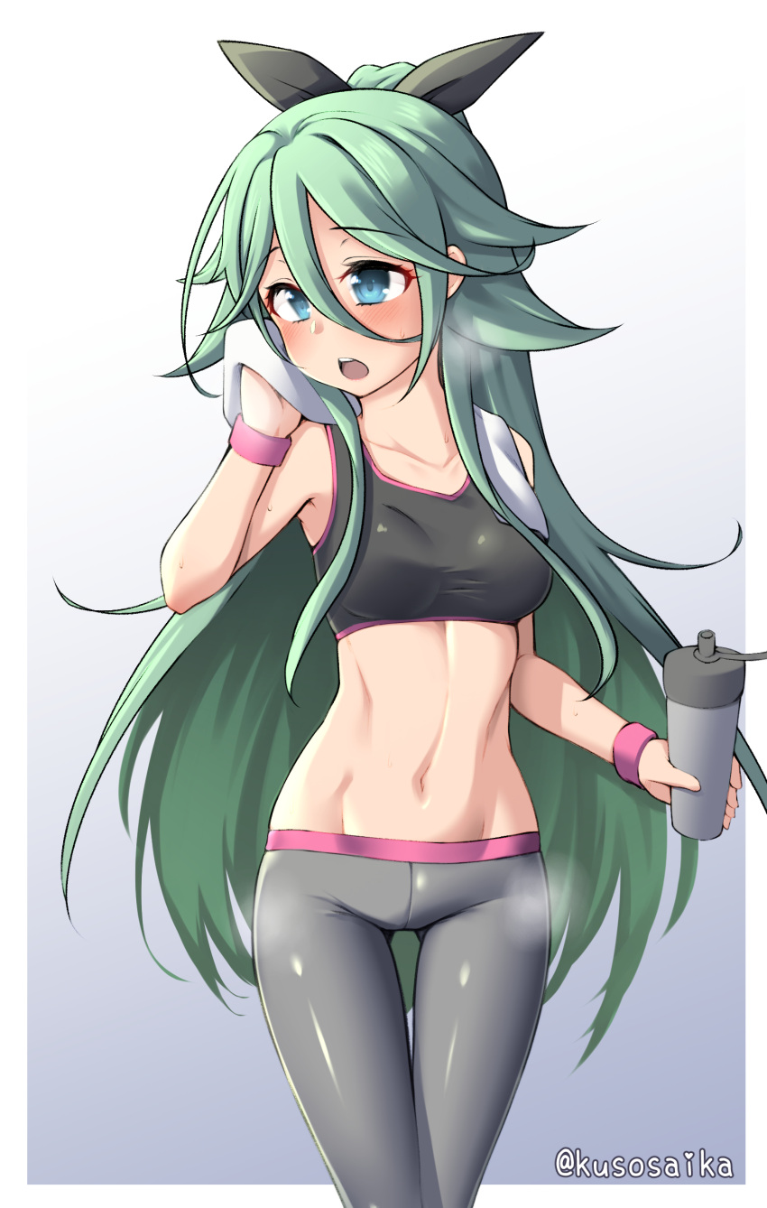 1girl absurdres alternate_costume ass_visible_through_thighs bangs black_ribbon blue_eyes bottle gradient gradient_background green_hair grey_background grey_pants gym_pants hair_between_eyes hair_ornament hair_ribbon hairclip highres kantai_collection long_hair looking_to_the_side midriff open_mouth pants parted_bangs ponytail ribbon sidelocks solo sports_bra squeeze_bottle standing steam training_pants twitter_username water_bottle white_background yamakaze_(kancolle) yuki_to_hana