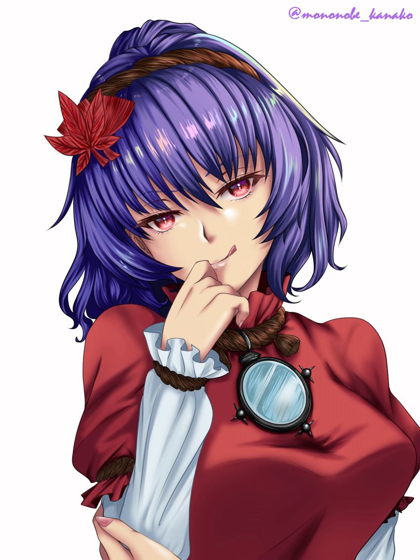 1girl absurdres breasts commentary_request hair_leaf hand_to_own_mouth head_tilt highres large_breasts leaf licking_lips looking_at_viewer maple_leaf mirror mononobe_kanako nail_polish pink_nails purple_hair red_eyes red_shirt shirt short_hair simple_background smile solo tongue tongue_out touhou twitter_username white_background yasaka_kanako