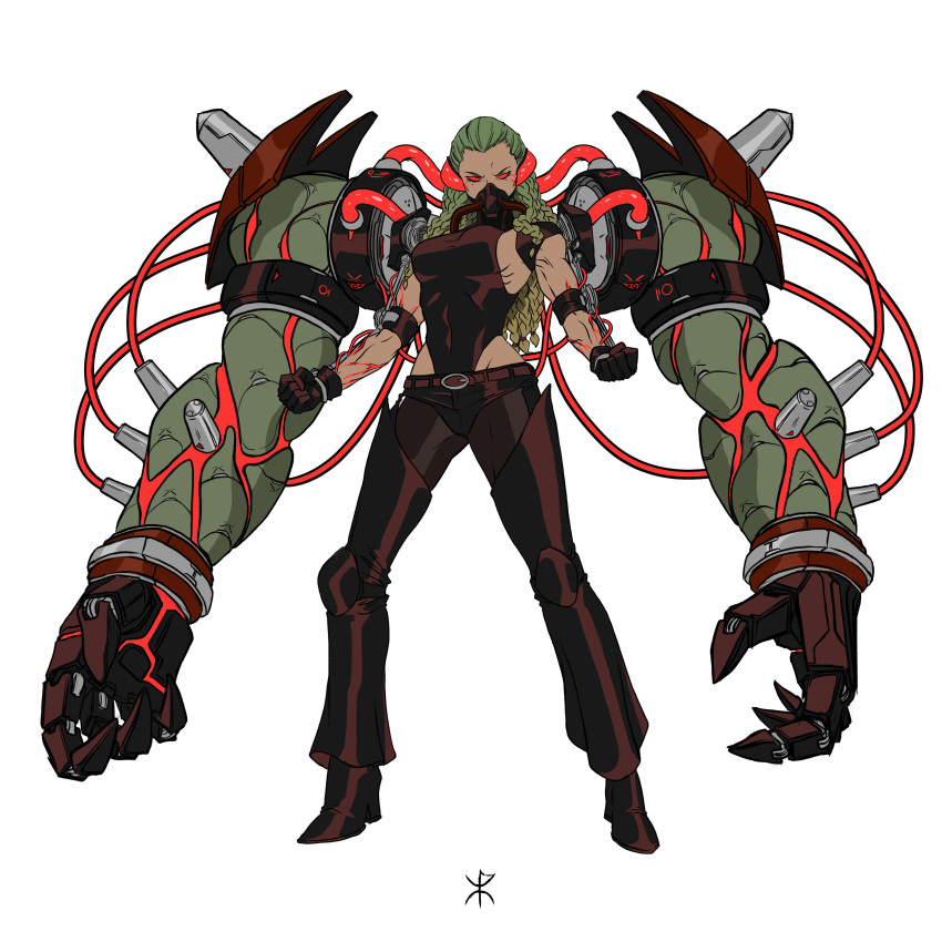 absurdres apoloniodraws armored_boots belt ben_10 blood_vessels boots genderswap genderswap_(mtf) green_hair highres leotard looking_at_viewer mask muscular muscular_female pantyhose red_eyes shorts vilgax weapon weapon_on_back