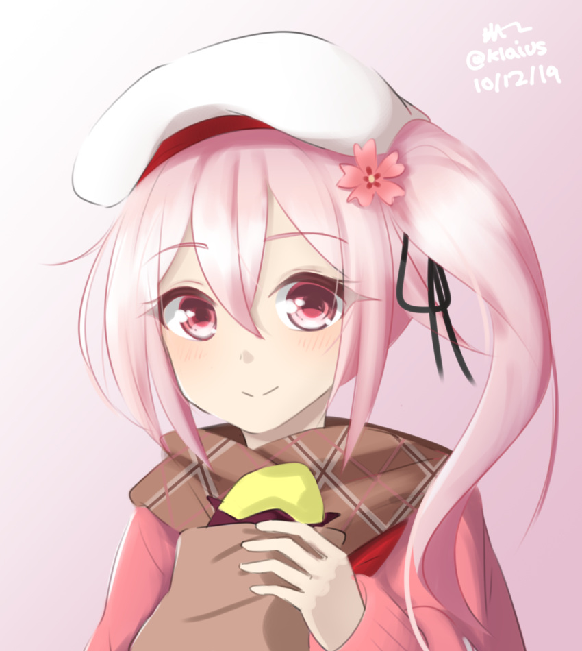 1girl black_ribbon brown_scarf closed_mouth commentary dated flower food hair_between_eyes hair_flower hair_ornament hand_up harusame_(kancolle) hat highres holding holding_food kantai_collection klaius looking_at_viewer neck_ribbon one_side_up pink_background pink_eyes pink_flower pink_hair pink_shirt ribbon scarf shirt signature smile solo sweet_potato twitter_username white_headwear