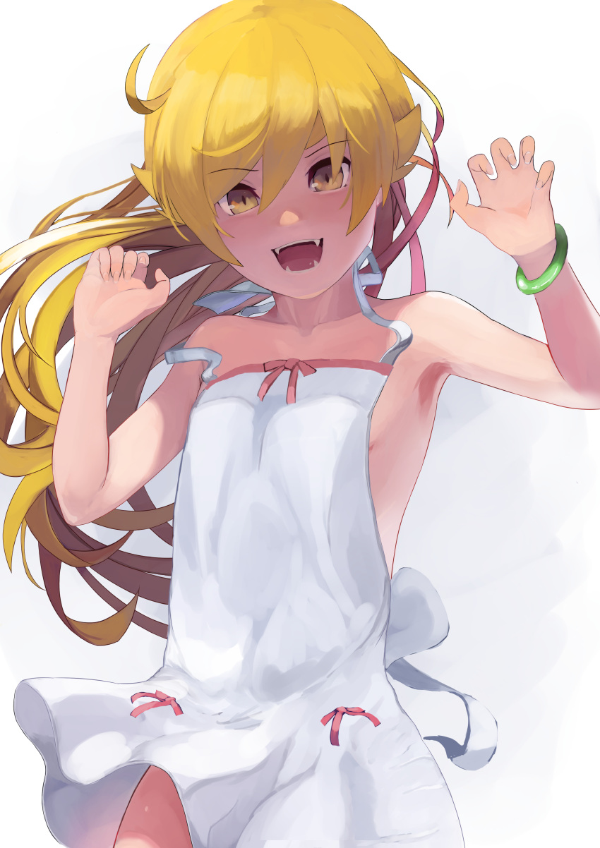 1girl absurdres bangs bare_shoulders blonde_hair bracelet breasts dress eyebrows_visible_through_hair fangs flat_chest highres jewelry light_blush long_hair looking_at_viewer monogatari_(series) open_mouth oshino_shinobu simple_background skirt small_breasts smile solo white_dress yellow_eyes