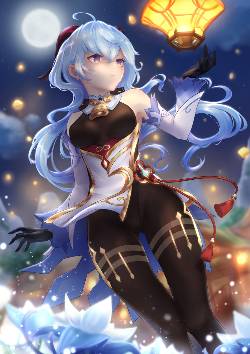 ahoge amarisuu bangs bell black_legwear black_leotard blue_flower blue_hair blurry blurry_background breasts building clouds commentary detached_sleeves eyebrows_visible_through_hair flower ganyu_(genshin_impact) genshin_impact goat_horns gold_trim hair_between_eyes hand_up highres horns lantern leotard long_hair medium_breasts moon mountain mountainous_horizon navel night night_sky pantyhose pelvic_curtain red_horns sky teeth thighs very_long_hair violet_eyes vision_(genshin_impact)