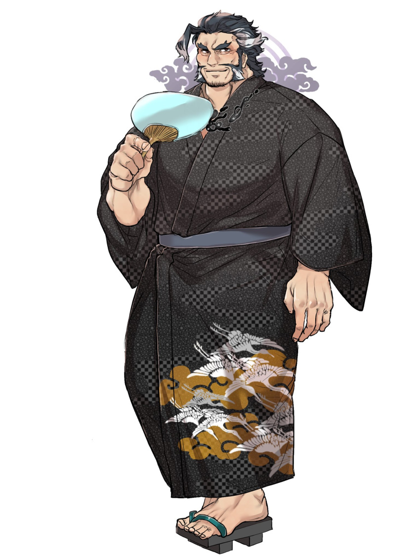1boy arm_at_side beard black_kimono brown_eyes daikoku_(tokyo_houkago_summoners) facial_hair fan forked_eyebrows full_body highres holding holding_fan japanese_clothes kimono looking_at_viewer lostdog121 male_focus multicolored_hair mustache mutton_chops sandals short_hair sideburns simple_background solo thick_eyebrows tokyo_houkago_summoners two-tone_hair white_background white_hair