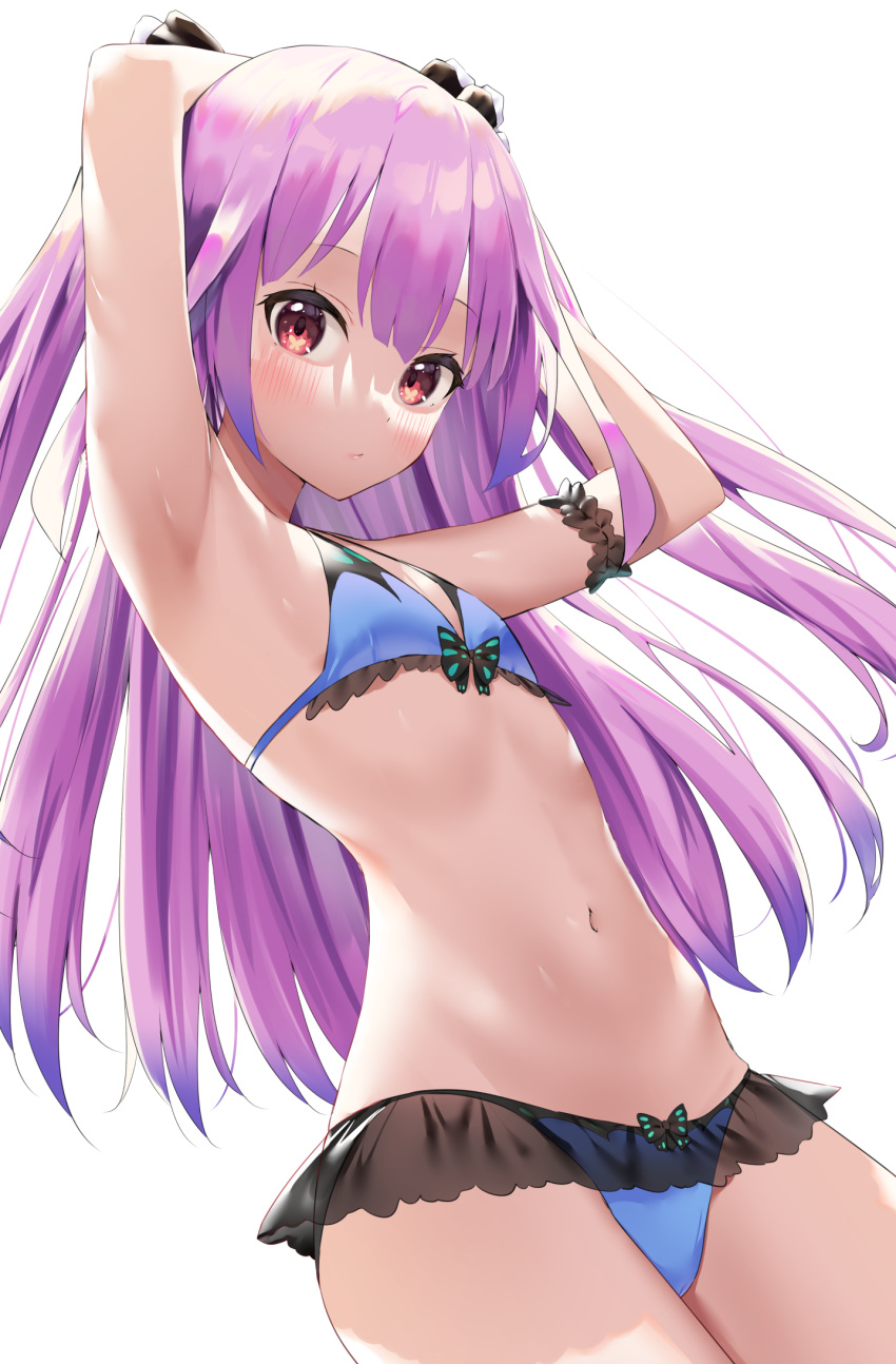 1girl arm_strap armpits arms_up bare_arms bare_shoulders bikini blue_bikini cowboy_shot flat_chest frilled_bikini frills hair_ribbon highres hololive k_mugura long_hair looking_at_viewer navel purple_hair red_eyes ribbon simple_background solo stomach string_bikini swimsuit thighs two_side_up uruha_rushia virtual_youtuber white_background