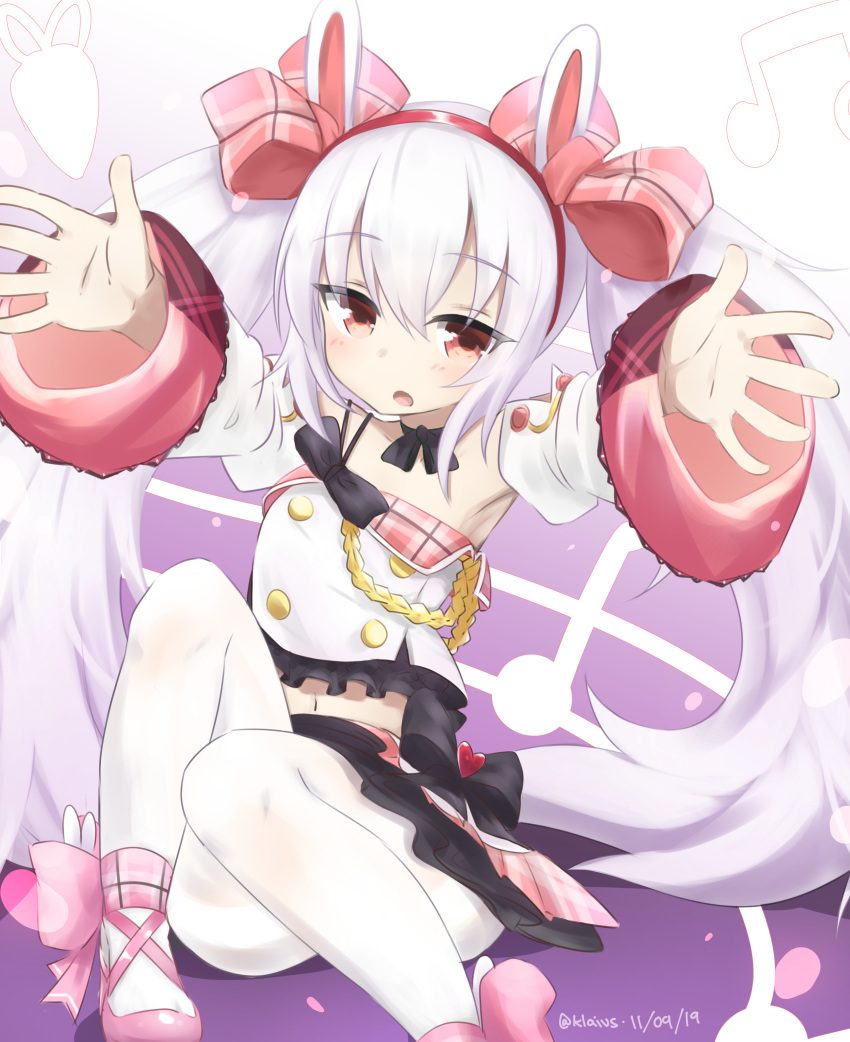 1girl absurdres animal_ears azur_lane black_choker black_ribbon black_skirt bow choker dated detached_sleeves double-breasted eyebrows_visible_through_hair hair_bow hairband heart highres klaius laffey_(azur_lane) laffey_(halfhearted_bunny_idol)_(azur_lane) long_sleeves looking_at_viewer miniskirt pantyhose parted_lips pink_footwear rabbit_ears red_eyes red_hairband ribbon ribbon_choker shoe_bow shoes sitting skirt solo twintails twitter_username white_hair white_legwear