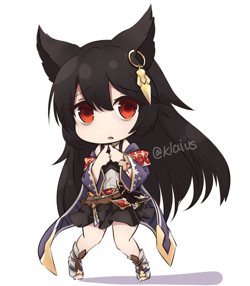 1girl absurdres animal_ears black_hair black_skirt boots chibi coat granblue_fantasy highres klaius long_hair long_sleeves looking_at_viewer miniskirt nier_(granblue_fantasy) open_clothes open_coat own_hands_together parted_lips purple_coat red_eyes simple_background skirt solo standing twitter_username white_background wide_sleeves