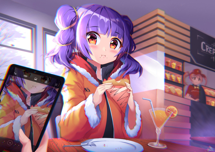 1other 2girls alternate_costume bangs blunt_bangs cellphone closed_mouth contemporary crepe cup drink drinking_glass drinking_straw eating eyebrows_visible_through_hair fire_emblem fire_emblem:_the_sacred_stones food food_on_face fork fur_trim highres holding holding_food holding_phone indoors jacket long_hair looking_at_viewer multiple_girls myrrh_(fire_emblem) mystic-san no_wings orange_jacket phone plate purple_hair red_eyes smartphone twintails wide_sleeves winter