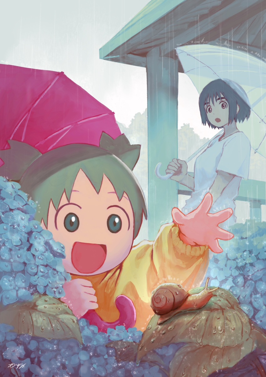 2girls :d :o ayase_fuuka black_hair brown_eyes flower green_eyes green_hair highres koiwai_yotsuba multiple_girls open_mouth otsuzaka quad_tails rain short_hair smile snail twintails umbrella yotsubato!