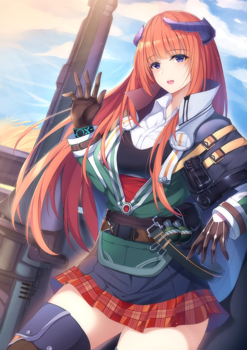 1girl absurdres arknights bagpipe_(arknights) belt belt_pouch black_gloves black_legwear black_vest blue_eyes blue_sky blush boots breasts brown_belt chapter0p clouds cloudy_sky collared_shirt commentary cowboy_shot day dragon_horns english_commentary explosive eyebrows_visible_through_hair gloves green_jacket grenade highres horns infection_monitor_(arknights) jacket lance long_hair looking_at_viewer medium_breasts miniskirt open_clothes open_jacket open_mouth orange_hair outdoors plaid plaid_skirt pleated_skirt polearm pouch red_skirt shirt skirt sky smile solo straight_hair strap thigh-highs thigh_boots thighs vest waving weapon white_shirt wind zettai_ryouiki