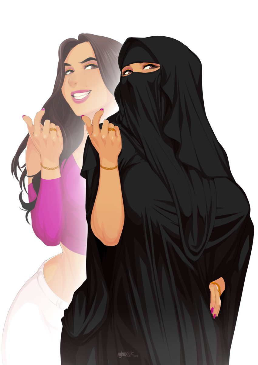 black_dress bracelet breasts brown_hair come_hither dress hand_on_hip highres jewelry large_breasts long_hair looking_at_viewer niqab original pants purple_shirt ring shirt signature smile white_pants zephyr_aile