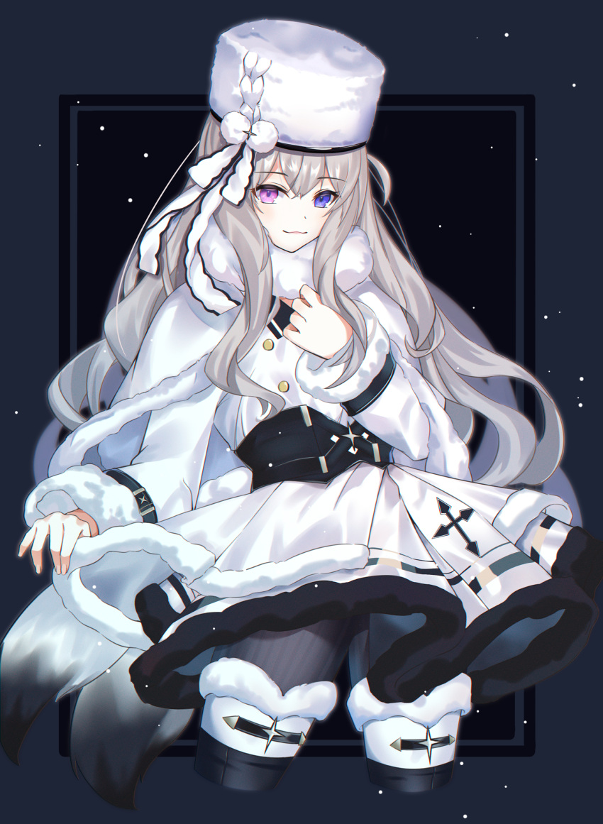 1girl absurdres azur_lane bangs black_legwear blue_eyes capelet closed_mouth commentary cropped_legs double-breasted dress eyebrows_visible_through_hair fur-trimmed_capelet fur-trimmed_collar fur-trimmed_sleeves fur_trim grey_hair hair_between_eyes hat heterochromia highres layered_dress long_hair long_sleeves looking_at_viewer murmansk_(azur_lane) pantyhose pom_pom_(clothes) sidelocks skirt_hold smile solo violet_eyes white_capelet white_dress white_headwear yoshitoki_(kisshin)