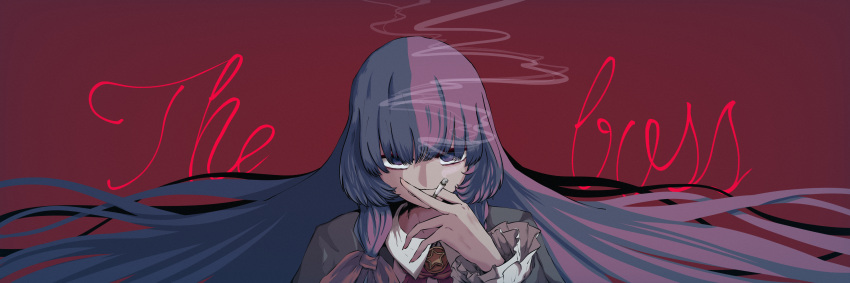 1girl absurdres bangs bow cigarette closed_mouth commentary_request cookie_(touhou) dress english_text hair_between_eyes hair_bow highres holding holding_cigarette long_hair looking_at_viewer odoro_(nicoseiga81184094) patchouli_knowledge purple_dress purple_hair red_background red_bow simple_background smile smoke smoking solo star_(symbol) taisa_(cookie) touhou upper_body violet_eyes