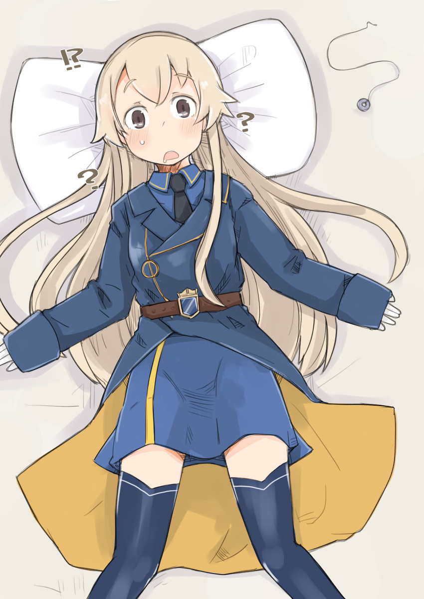 absurdres blonde_hair blue_legwear brown_eyes cosplay enjaku_izuku gotland_(kancolle) gotland_(kancolle)_(cosplay) highres jacket kantai_collection long_hair long_sleeves necktie pendulum pillow shimakaze_(kancolle) thigh-highs