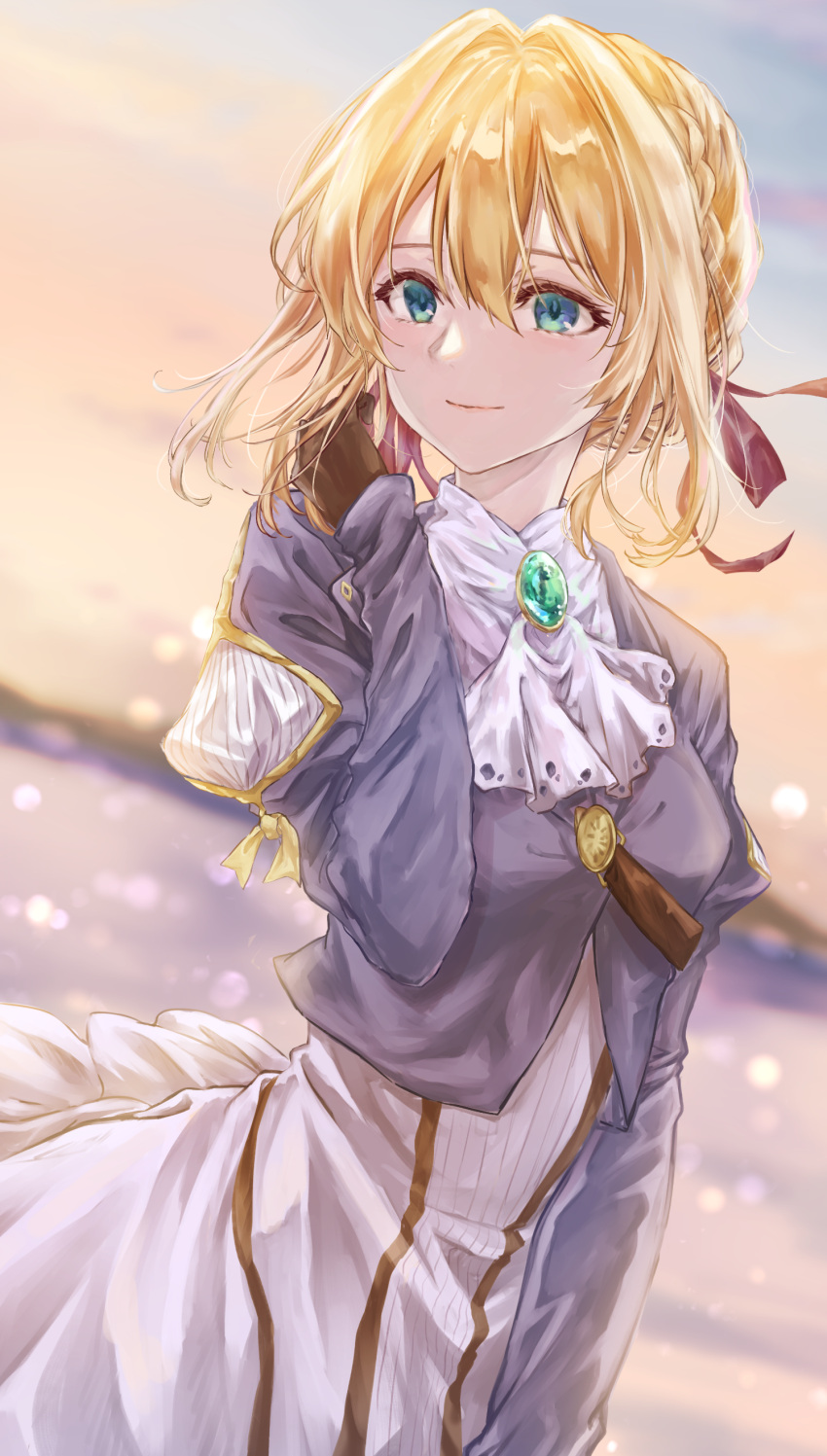 1girl absurdres aoba_yukichi bangs belt blonde_hair blue_eyes blue_jacket blurry blurry_background braid breasts brooch brown_gloves closed_mouth commentary_request dress gloves hair_between_eyes hair_intakes hair_ribbon highres jacket jewelry lips long_dress long_hair long_sleeves looking_at_viewer neckerchief ocean outdoors puffy_long_sleeves puffy_sleeves red_ribbon ribbon smile solo standing upper_body violet_evergarden violet_evergarden_(character) white_dress white_neckwear