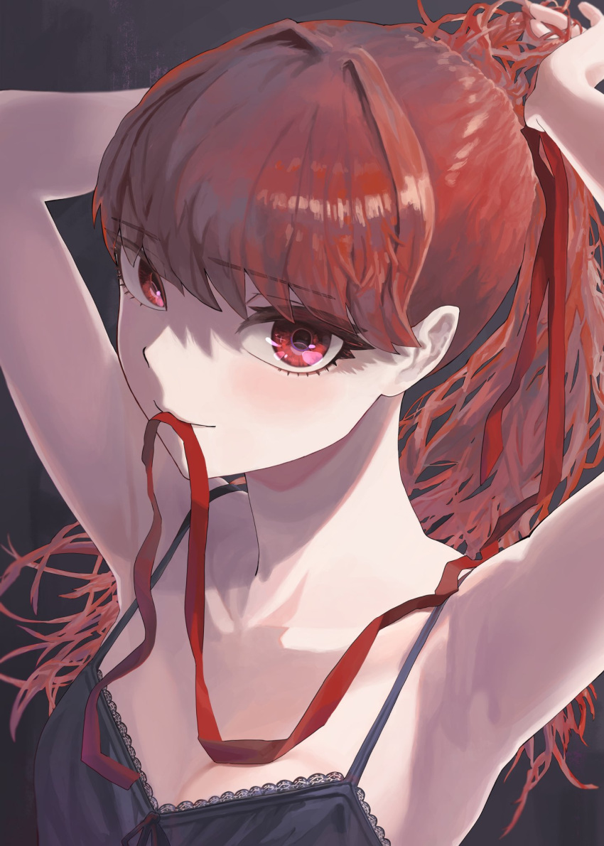 1girl armpits arms_behind_head arms_up bangs black_background breasts camisole closed_mouth collarbone eyebrows_visible_through_hair hair_ribbon highres long_hair looking_at_viewer luc_sion mouth_hold persona persona_5 persona_5_the_royal ponytail red_eyes red_ribbon redhead ribbon ribbon_in_mouth small_breasts smile solo tying_hair upper_body yoshizawa_kasumi