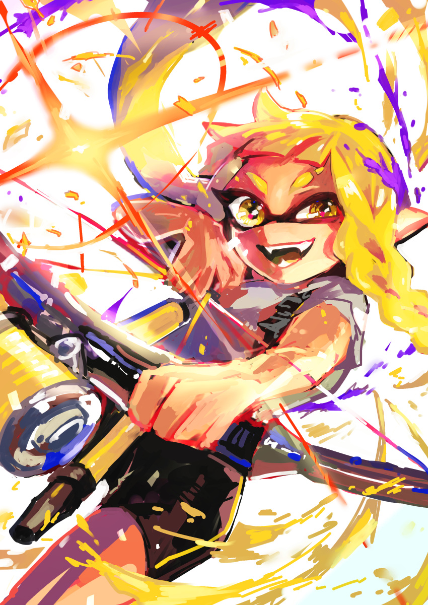 1girl :d absurdres asymmetrical_hair bangs bike_shorts blonde_hair blunt_bangs bow_(weapon) braid colored_tongue colorful domino_mask fangs floating_hair grey_shirt highres holding holding_bow_(weapon) holding_weapon inkling looking_at_viewer mask milkma2 open_mouth paint pointy_ears shirt short_sleeves simple_background single_braid single_vertical_stripe smile solo splatoon_(series) splatoon_3 t-shirt teeth tentacle_hair uneven_eyes weapon white_background yellow_eyes yellow_tongue