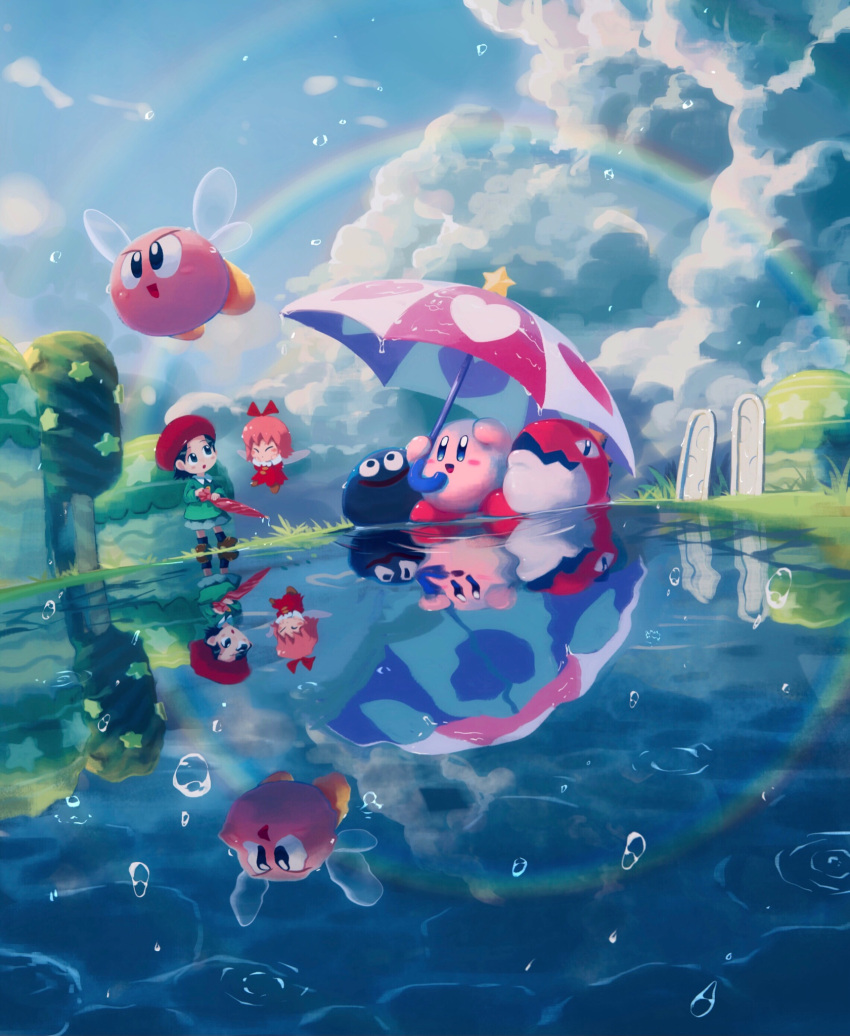 adeleine black_hair blue_eyes blue_sky bronto_burt clouds cloudy_sky dress fairy_wings galbo_(kirby) gooey heart highres hill kirby kirby_(series) looking_up pink_hair puddle rain rainbow red_dress red_headwear ribbon_(kirby) sky smile star_(symbol) suyasuyabi umbrella wings