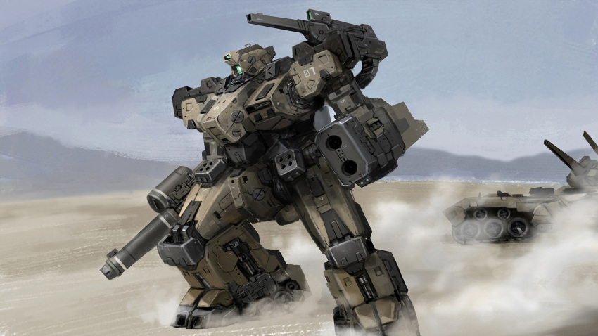 arm_cannon caterpillar_tracks desert english_commentary green_eyes ground_vehicle highres looking_ahead mecha military military_vehicle motor_vehicle one-eyed original rickyryan science shoulder_cannon skating solo tank weapon