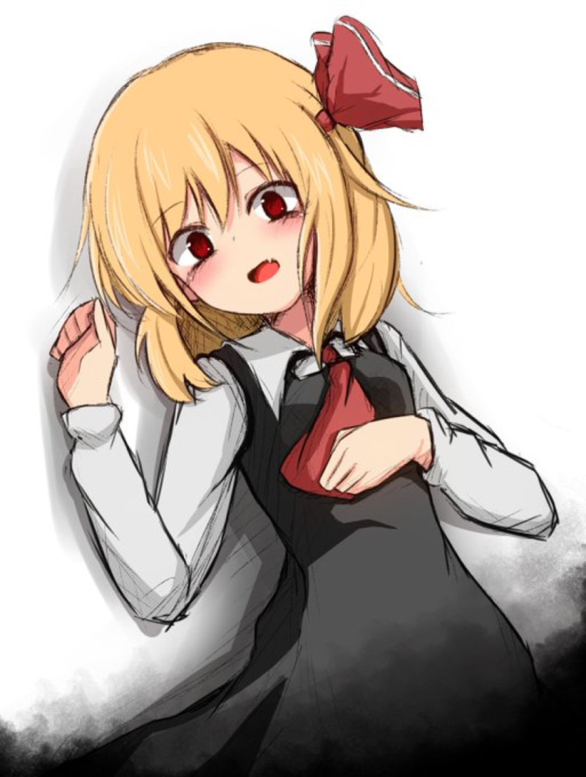 1girl arm_up ascot black_dress blonde_hair breasts collared_shirt dress eyebrows_visible_through_hair fang hand_on_own_stomach highres ikusu_(ikustasy) long_sleeves looking_at_viewer lying medium_hair on_back open_mouth red_ascot red_eyes rumia shirt skin_fang small_breasts solo touhou upper_body white_background white_shirt