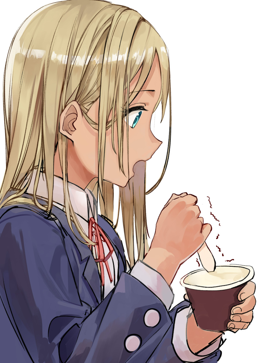 1girl absurdres blonde_hair dark_skin food from_side haruyuki_(gffewuoutgblubh) highres ice_cream ice_cream_cup ice_cream_spoon idolmaster idolmaster_cinderella_girls idolmaster_cinderella_girls_starlight_stage jacket layla_(idolmaster) long_hair neck_ribbon ribbon school_uniform shirt spoon white_shirt