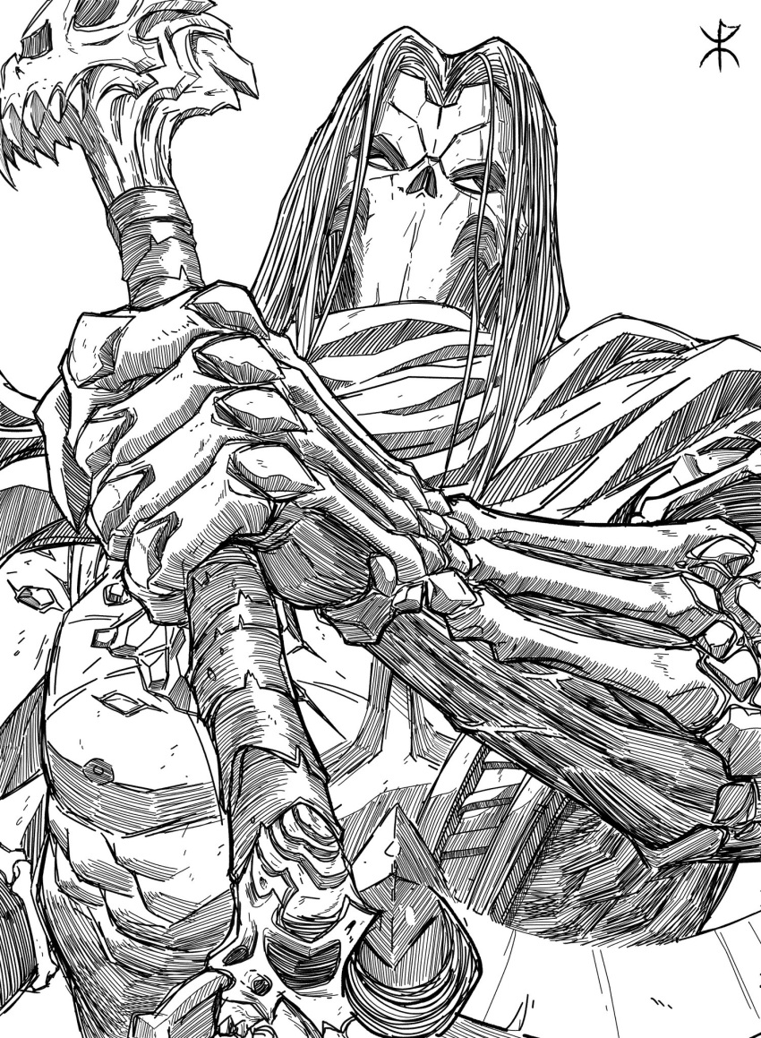 apoloniodraws darksiders highres holding holding_weapon lineart looking_at_viewer mask medium_hair nipples scarf scythe skull skull_mask weapon