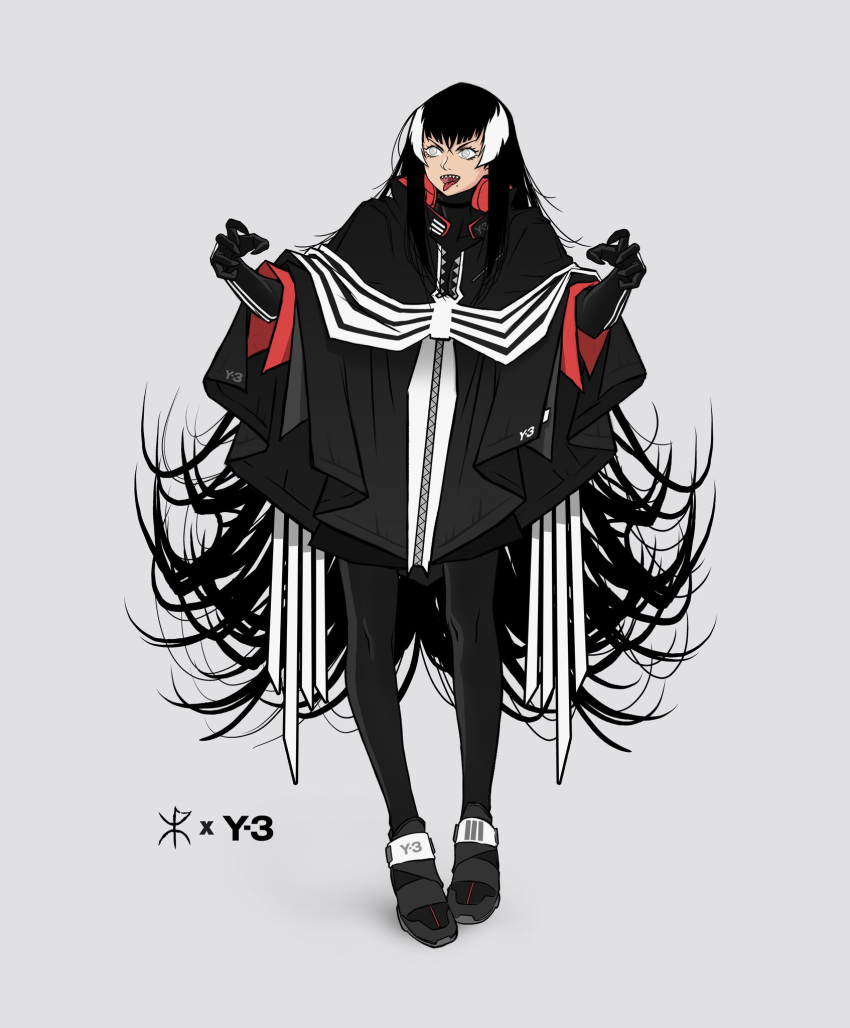 apoloniodraws black_footwear black_hair black_pants commission genderswap genderswap_(mtf) highres jacket long_hair marvel pants sharp_teeth spider-man_(series) teeth tongue tongue_out venom_(marvel) white_eyes zipper