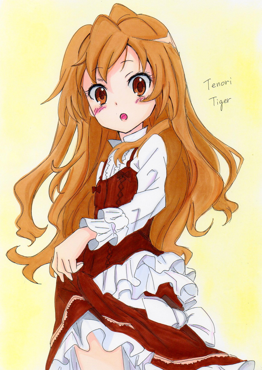 1girl :o aisaka_taiga bangs blush brown_eyes brown_hair collared_dress commentary_request cowboy_shot dress flat_chest frilled_dress frilled_sleeves frills gradient gradient_background highres long_hair long_sleeves looking_at_viewer open_mouth potekite red_dress skirt_hold solo toradora! two-tone_dress white_dress yellow_background