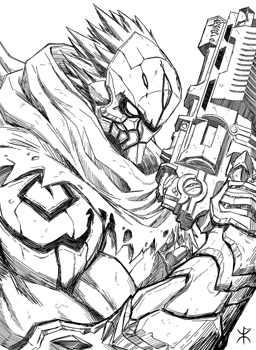apoloniodraws arm_up armor darksiders greyscale gun highres holding holding_weapon lineart mask monochrome pointy_hair scarf signature weapon